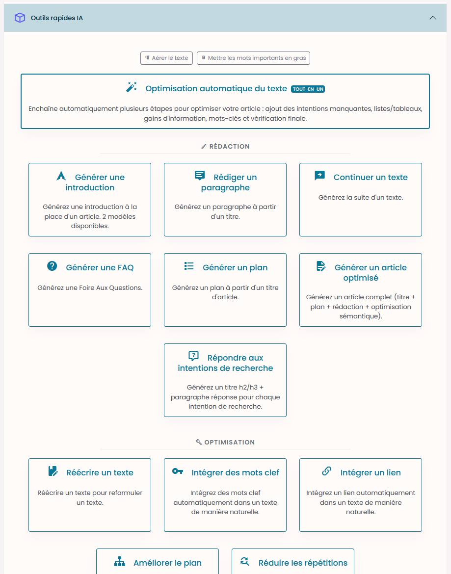 Outils IA rapides de l'Assistant d'écriture d'Articlum